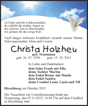 Traueranzeige von Christa Holzheu von Ostthüringer Zeitung