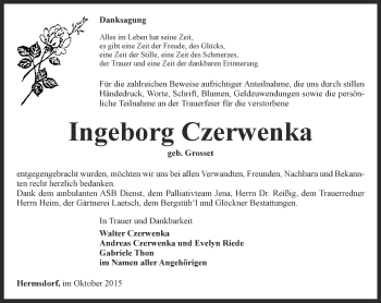 Traueranzeige von Ingeborg Czerwenka von Ostthüringer Zeitung