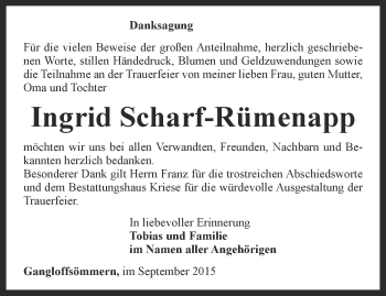 Traueranzeige von Ingrid Scharf-Rümens von Thüringer Allgemeine