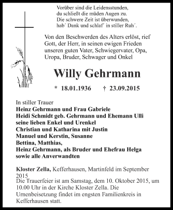 Traueranzeige von Willy Gehrmann von Thüringer Allgemeine