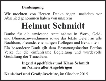 Traueranzeige von Helmut Schmidt von Ostthüringer Zeitung