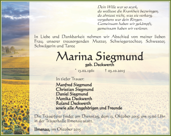Traueranzeige von Marina Siegmund von Thüringer Allgemeine