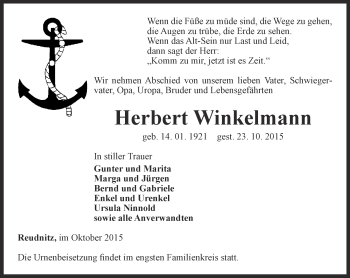 Traueranzeige von Herbert Winkelmann von Ostthüringer Zeitung