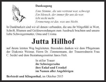 Traueranzeige von Jutta Hillhof von Thüringer Allgemeine, Thüringische Landeszeitung