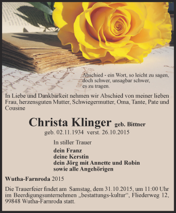 Traueranzeige von Christa Klinger von Thüringer Allgemeine, Thüringische Landeszeitung