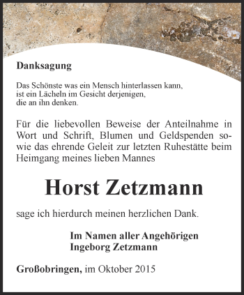 Traueranzeige von Horst Zetzmann von Thüringer Allgemeine, Thüringische Landeszeitung