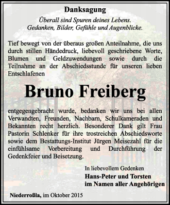 Traueranzeige von Bruno Freiberg von Thüringer Allgemeine, Thüringische Landeszeitung