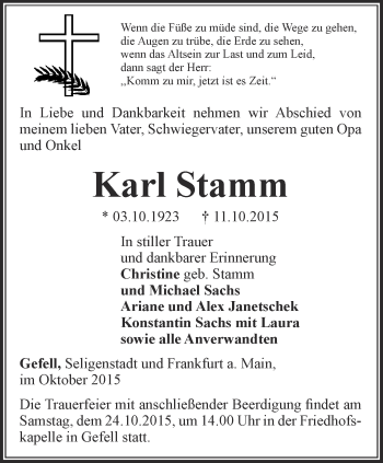 Traueranzeige von Karl Stamm von Ostthüringer Zeitung