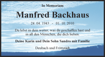 Traueranzeige von Manfred Backhaus von Thüringer Allgemeine, Thüringische Landeszeitung