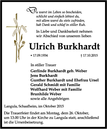 Traueranzeige von Ulrich Burkhardt von Thüringer Allgemeine, Thüringische Landeszeitung