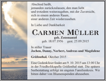 Traueranzeige von Carmen Müller von Ostthüringer Zeitung