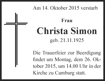 Traueranzeige von Christa Simon von Ostthüringer Zeitung, Thüringische Landeszeitung