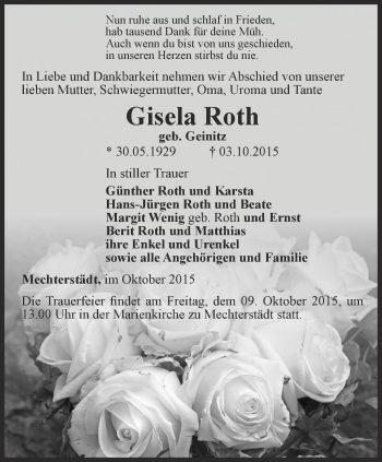 Traueranzeige von Gisela Roth von Ostthüringer Zeitung, Thüringische Landeszeitung