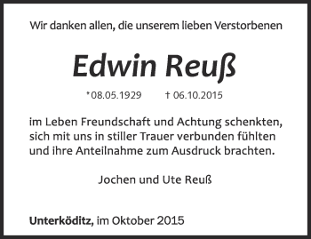 Traueranzeige von Edwin Reuß von Ostthüringer Zeitung