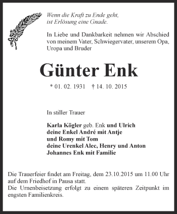 Traueranzeige von Günter Enk von Ostthüringer Zeitung