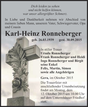 Traueranzeige von Karl-Heinz Ronneberger von Ostthüringer Zeitung