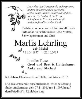 Traueranzeige von Marlis Lehrling von Thüringer Allgemeine