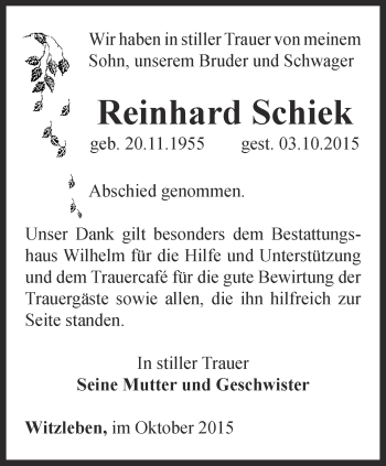 Traueranzeige von Reinhard Schiek von Thüringer Allgemeine