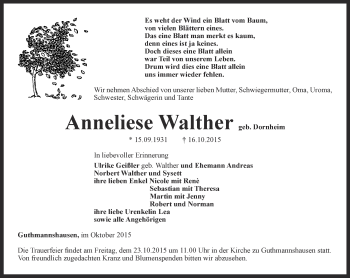 Traueranzeige von Anneliese Walther von Thüringer Allgemeine