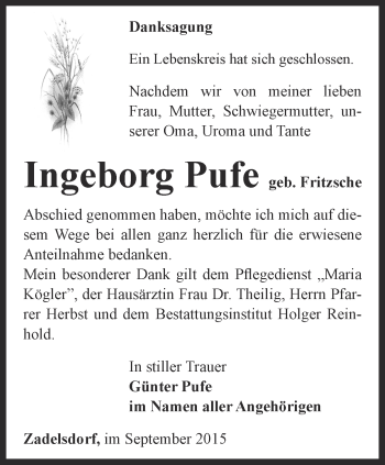 Traueranzeige von Ingeborg Pufe von Ostthüringer Zeitung