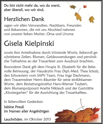 Traueranzeige von Gisela Kielpinski von Thüringer Allgemeine, Thüringische Landeszeitung