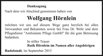 Traueranzeige von Wolfgang Hörnlein von Ostthüringer Zeitung