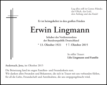 Traueranzeige von Erwin Lingmann von Ostthüringer Zeitung, Thüringische Landeszeitung