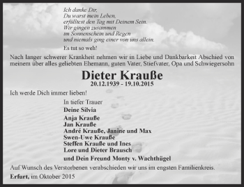 Traueranzeige von Dieter Krauße von Thüringer Allgemeine, Thüringische Landeszeitung