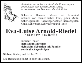 Traueranzeige von Eva-Luise Arnold-Riedel von Thüringer Allgemeine, Thüringische Landeszeitung