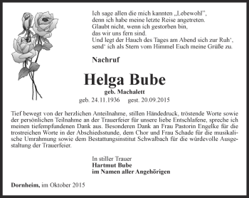 Traueranzeige von Helga Bube von Thüringer Allgemeine