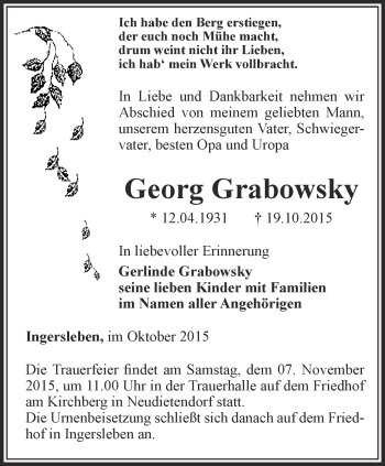 Traueranzeige von Georg Grabowsky von Thüringer Allgemeine, Thüringische Landeszeitung