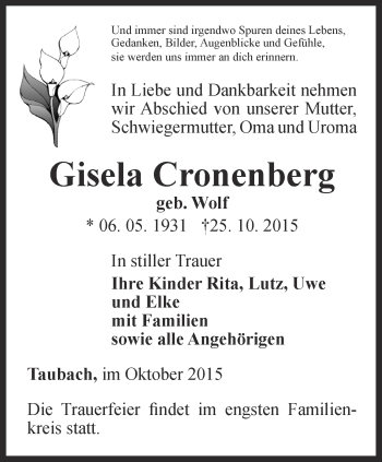 Traueranzeige von Gisela Cronenberg von Thüringer Allgemeine, Thüringische Landeszeitung