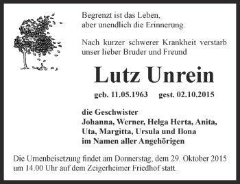 Traueranzeige von Lutz Unrein von Ostthüringer Zeitung