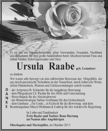 Traueranzeige von Ursula Raabe von Ostthüringer Zeitung