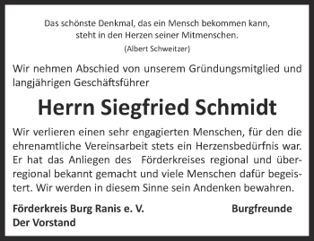 Traueranzeige von Siegfried Schmidt von Ostthüringer Zeitung