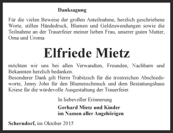 Traueranzeige von Elfriede Mietz von Thüringer Allgemeine