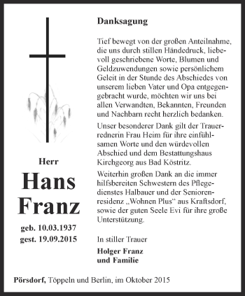 Traueranzeige von Hans Franz von Ostthüringer Zeitung