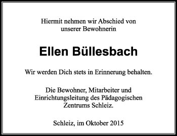 Traueranzeige von Ellen Büllesbach von Ostthüringer Zeitung