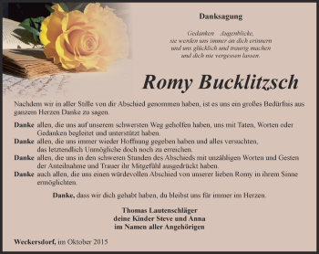 Traueranzeige von Romy Bucklitzsch von Ostthüringer Zeitung