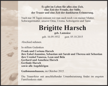 Traueranzeige von Brigitte Harsch von Thüringer Allgemeine