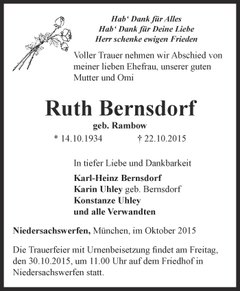 Traueranzeige von Ruth Bernsdorf von Thüringer Allgemeine