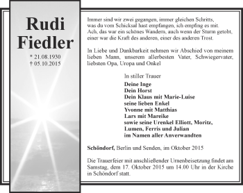 Traueranzeige von Rudi Fiedler von Ostthüringer Zeitung