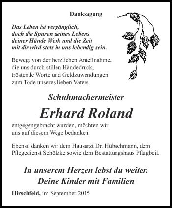 Traueranzeige von Erhard Roland von Ostthüringer Zeitung