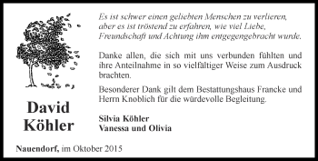 Traueranzeige von David Köhler von Ostthüringer Zeitung