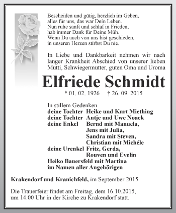 Traueranzeige von Elfriede Schmidt von Thüringer Allgemeine, Thüringische Landeszeitung