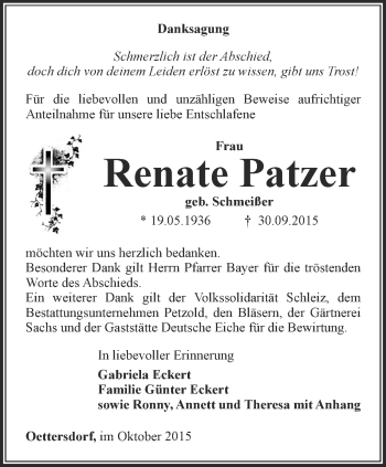 Traueranzeige von Renate Patzer von Ostthüringer Zeitung