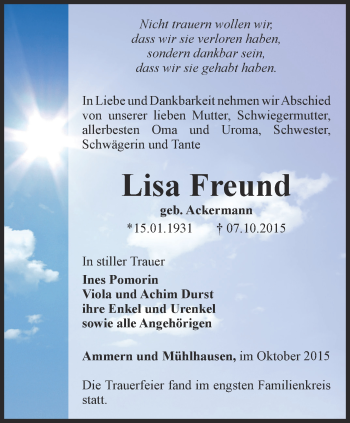 Traueranzeige von Lisa Freund von Thüringer Allgemeine, Thüringische Landeszeitung