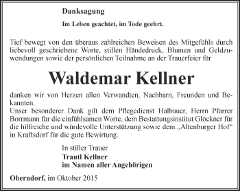 Traueranzeige von Waldemar Kellner von Ostthüringer Zeitung