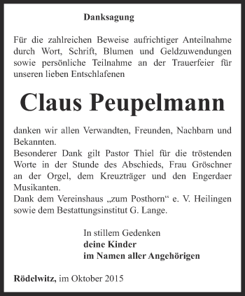 Traueranzeige von Claus Peupelmann von Ostthüringer Zeitung