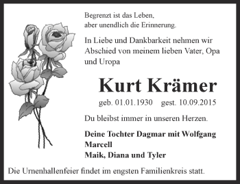 Traueranzeige von Kurt Krämer